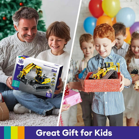 Front view: LECPOP 5-in-1 STEM robotics kit box with 430 pieces; side view: kid with red gift box and yellow excavator model