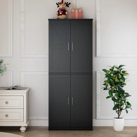Front view of Boss Black Wood Storage Cabinet With Four Doors And Adjustable Shelves For Kitchen Pantry Organization in modern home