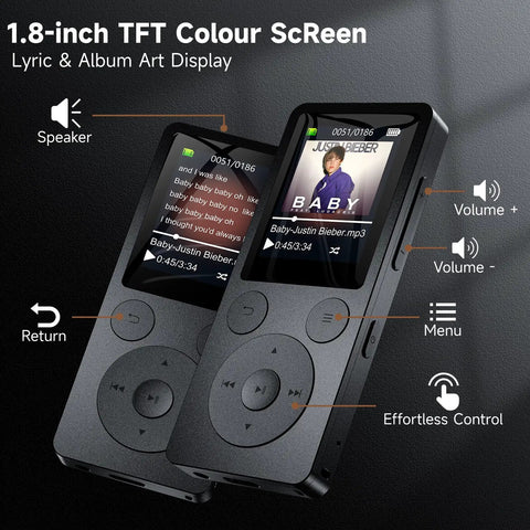 64GB MP3 Player With Bluetooth 5.3 And Built-In Speaker, Physical Buttons For Quick Control, 1.8-Inch Bright Screen, Plug-And-Play Easy-To-Use Music Player For On-The-Go Listening, displaying screen and buttons.