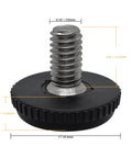 Close-up of a 5/16 inch threaded stainless steel furniture leveling foot with rubber base for cabinets and tables.