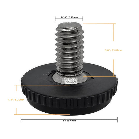 Close-up of a 5/16 inch threaded stainless steel furniture leveling foot with rubber base for cabinets and tables.