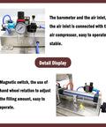 Automatic 10 To 100 Ml Paste And Liquid Filling System With Smart Microcomputer Control For Shampoo Honey Cooking Oil And Thick Sauces Plug And Play No Sweat Tweaks For Heavy Duty Output showing barometer and air inlet for stable operation.