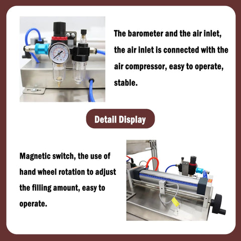 Automatic 10 To 100 Ml Paste And Liquid Filling System With Smart Microcomputer Control For Shampoo Honey Cooking Oil And Thick Sauces Plug And Play No Sweat Tweaks For Heavy Duty Output showing barometer and air inlet for stable operation.