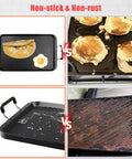 Double Burner Griddle Pan With Glass Lid For Gas And Electric Stovetops comparison showing nonstick surface vs. rusted surface