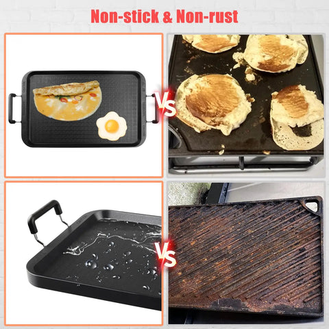Double Burner Griddle Pan With Glass Lid For Gas And Electric Stovetops comparison showing nonstick surface vs. rusted surface