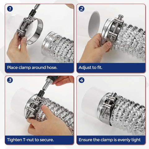 Installation steps for Heavy Duty 4 Pack T Bolt Hose Clamps 26 28mm Adjustable OD 1 To 1.1 Inch Pipe Straps Stainless Steel 304.