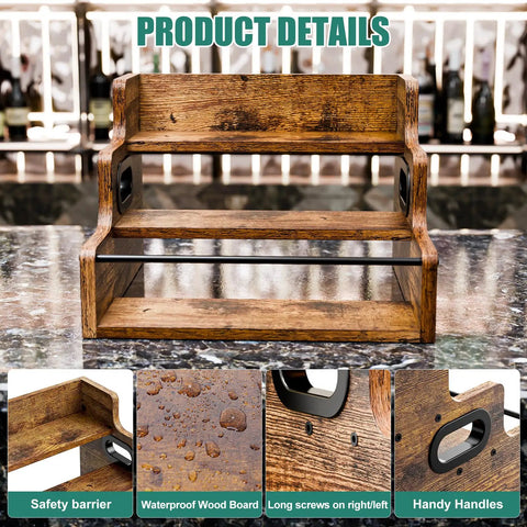 Three Tier Wooden Liquor Display Shelf For Home Bar 3 Step Countertop Rack For Bottles Whiskey Vodka And Spirits Retro Style Mini Bar Organizer Sturdy Wood Stand on marble surface with detail inserts.