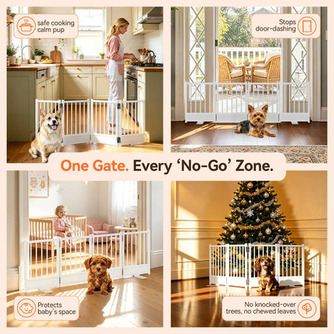 Built Tough No Drill Small Dog Gate 48 Inch Foldable Puppy Barrier For Home Doorways protects pets in multiple rooms.