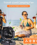 Beast 20000mAh Portable Camping Fan with Remote Control on beach with people, black, USB C Rechargeable for outdoors.