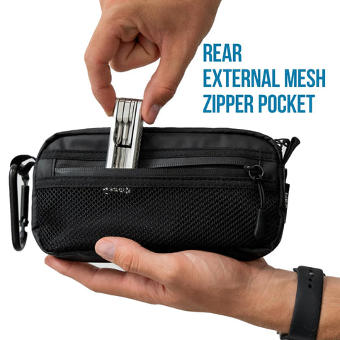 Person placing item into Neo Zipper Gear Organizer Bag For Electronics And Cameras Cable Organizer Pouch Travel Camera Essentials Extra Small Black Durable Grab And Go 600D Polyester With Water Resistant TPU Layer