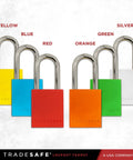 Color-coded LOTO padlocks in yellow, blue, red, orange, green, and silver. Chrome plated steel shackles visible.