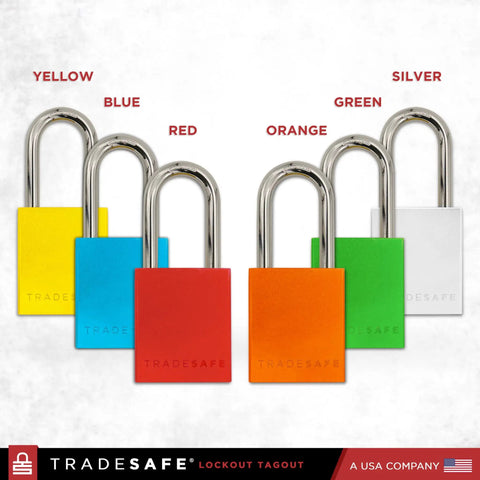 Color-coded LOTO padlocks in yellow, blue, red, orange, green, and silver. Chrome plated steel shackles visible.
