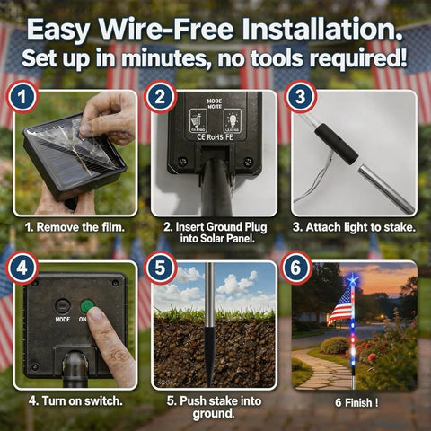 Installation steps for Patriotic Solar Flag Light Set With 56 LEDs, 8 Modes, Red White And Blue Stake Pathway Lights
