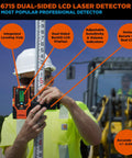 Construction worker using Two-Sided Laser Detector With Clamp For Red Beam Rotating Lasers Outdoors No-Nonsense Pro-Grade Targeting In Bright Sunlight With Clear Display Orange Finish attached to measuring rod.