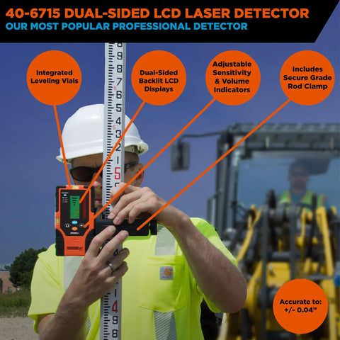 Construction worker using Two-Sided Laser Detector With Clamp For Red Beam Rotating Lasers Outdoors No-Nonsense Pro-Grade Targeting In Bright Sunlight With Clear Display Orange Finish attached to measuring rod.