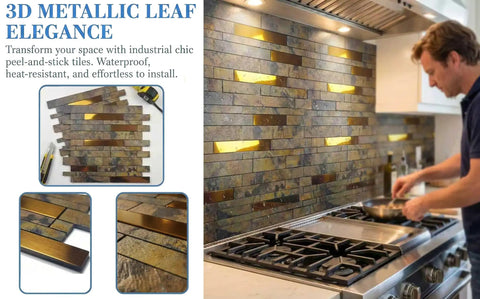 Peel And Stick Backsplash Tile Set For Kitchen And Bathroom Vanities, Self Adhesive Mosaic Tiles With 3D Marble Texture, PVC Mixed Metal Look, 10 Sheets, Each 11.25 By 12.7 Inches, Rusty Stone Pattern, Easy DIY Install And Clean in kitchen setting