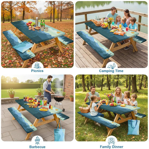 Three Piece Waterproof Picnic Table Cover Set with Bench Covers and Storage Bag for 72 Inch Tables in outdoor settings