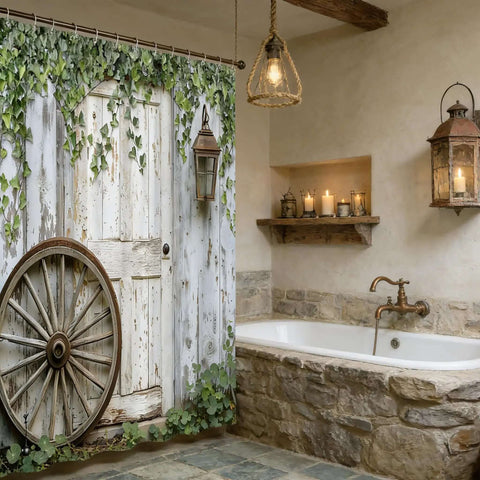 Rustic Barn Door Shower Curtain With Weathered Wood Plank Print Farmhouse Country Retro Vibe Polyester Fabric 70 By 70 Inches Vintage Wagon Wheel Lantern Design Lodge Western Decor For Bathroom displayed in a rustic bathroom