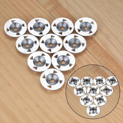 Foam Board Washer Set 220 Pcs Galvanized Steel One And One Eighth Inch Fasteners arranged on wooden surface
