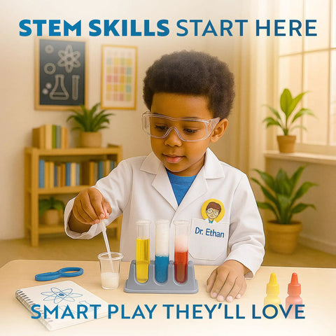 Child using Epic Chemistry Set With 52 Hands On Experiments For Kids Aged 8 To 12 Volcano Lab Project Epic Foaming Reactions kit.