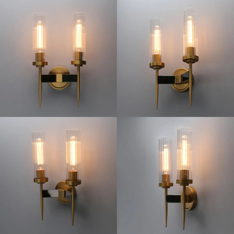 Antique Bronze Two Light Sconce For Bathroom Vanity With Dual Two Point Eight Inch Cylinder Glass Shades, side view.