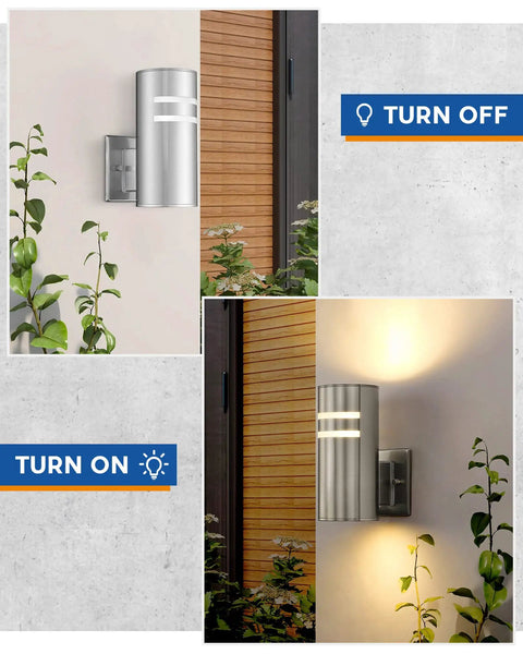 Dope 2 Pack Outdoor Wall Light Cylinder Up Down Sconce With Stainless Steel Tube And Brushed Nickel Finish, on and off view
