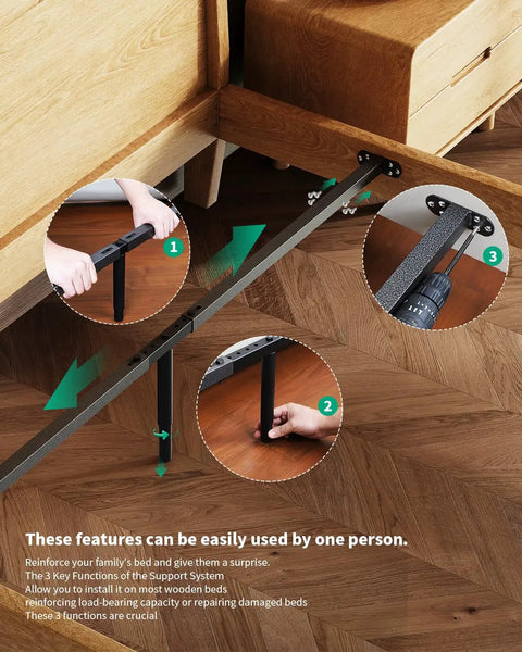 Heavy Duty Queen Bed Frame Sag Saver Center Support Cross Bars Steel Reinforcement Kit installation process with adjustable legs.