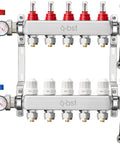 5 Loop Stainless Steel PEX Manifold Kit for Radiant Floor Heating with Ball Valves, High Flow Meters, and Half Inch Adapters