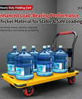Heavy Duty Platform Truck Flatbed Cart With 881 Lb Load Capacity, Reinforced Steel Base, Thickened Frame, Easy Push Handle, Tie Down Rope Included, 35.4 Inch Long by 23.6 Inch Wide by 34 Inch High for Moving Heavy Loads, yellow platform with water jugs
