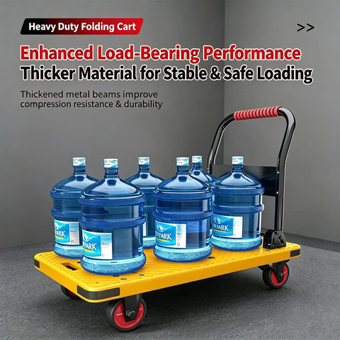 Heavy Duty Platform Truck Flatbed Cart With 881 Lb Load Capacity, Reinforced Steel Base, Thickened Frame, Easy Push Handle, Tie Down Rope Included, 35.4 Inch Long by 23.6 Inch Wide by 34 Inch High for Moving Heavy Loads, yellow platform with water jugs