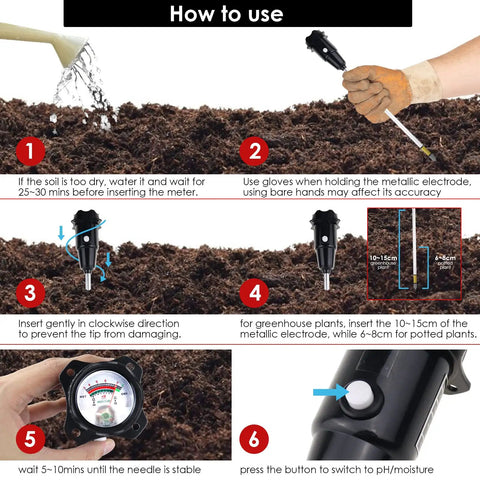 Steps for using 2 In 1 Soil pH And Moisture Tester With 12 Inch Long Probe For Plants Garden Lawn Farm Greenhouse Accurate pH Range 3 To 8