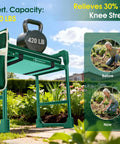 Heavy Duty Garden Kneeler And Seat For Seniors With 420 Lbs Capacity Anti Tip Multifunctional Gardening Stool Bench Widened Soft Kneeling Pad Tool Bag And Foldable Design For Easy Garden Projects shown with weights and senior gardener