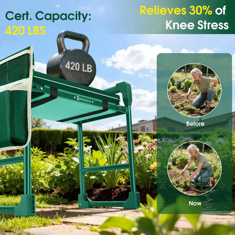 Heavy Duty Garden Kneeler And Seat For Seniors With 420 Lbs Capacity Anti Tip Multifunctional Gardening Stool Bench Widened Soft Kneeling Pad Tool Bag And Foldable Design For Easy Garden Projects shown with weights and senior gardener