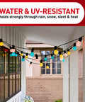 Clear Outdoor Light Clips 4 Pack With 64 Clips And 80 Adhesive Strips For Damage Free Hanging Of String Lights And Cables Outside No Drill Easy Setup Water Resistant UV Safe For Quick Outdoor Lighting in use on porch with colored bulbs