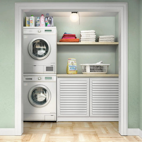 Laundry room with washer, dryer, shelves, and 6 Inch LED Glass Flush Mount Light With Pull Chain Globe Fixture, 500 Lumens, 3000K Soft White