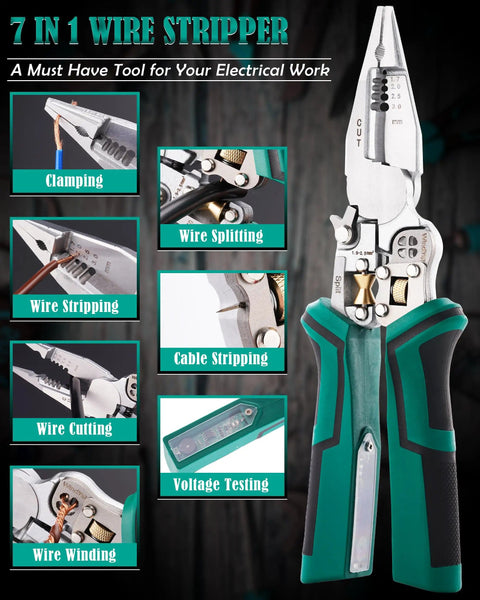 7 in 1 Wire Stripper Tool with Voltage Tester, featuring sections for clamping, wire stripping, cable cutting, and voltage testing.