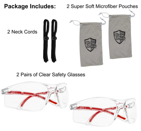 All Day Comfort Clear Safety Glasses With SuperLite Lens Technology And SuperClear Optics For A Wide Field Of View Includes Two Pairs And Two Neck Cords Two Microfiber Pouches And Two Hard Cases displayed with accessories.