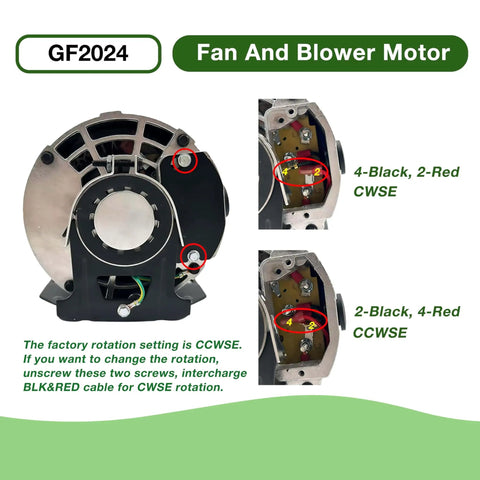 Beefed Up One Quarter HP Electric Fan Motor 1725 RPM 115V 60Hz 48 Frame Open Drip Proof Belt Drive Ball Bearing Reversible Rotation With Auto Overload 1.25 Service Factor Replacement For AO Smith GF2024 showing wiring rotation settings.