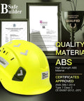 Side view of a fluorescent yellow Six Point Suspension Work Hard Hat With Ventilated Design For All Day Comfort, Work Site Ready ANSI Z89.1 14 Rated for Men and Women, with certificates displayed.