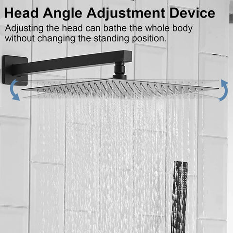 Matte Black Shower System With 12 Inch Rain Shower Head And Handheld Combo, wall-mounted angle adjustment, water flow visible
