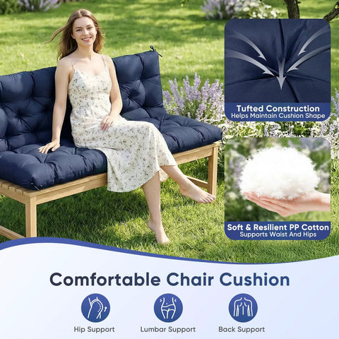 Woman sitting on 60 Inch Waterproof Porch Swing Cushions For 2 To 3 Seaters with backrest straps, showing tufted design.