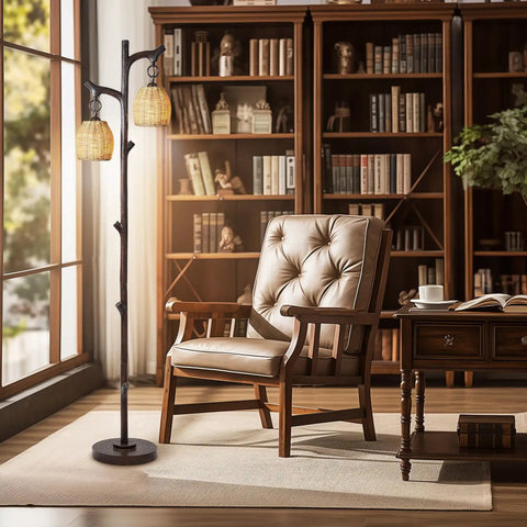 68 Inch Farmhouse Floor Lamp With Tree Trunk Faux Wood Column Dark Bronze Wicker Drum Shade Rustic Country Cottage Decor For Living Room