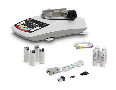 Cap Torque Gauge With NIST Traceable Certificate 100 Lbf Inch And 0.1 Lbf Inch High Res Clockwise And Counter Clockwise Testing Built In Wireless Data Capture USB RS232 MicroSD Seven Inch Diameter Sample 1000 Hz Readouts, with adapters