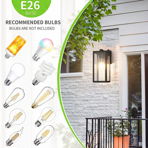 Dusk To Dawn Photocell Sensor Black Outdoor Wall Lantern With Clear Glass Shade on porch next to recommended bulbs chart