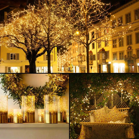 Outdoor Solar String Lights 2 Pack 66ft 200 LED Waterproof Lit Twinkle Lights With 8 Modes For Patio Garden Yard Wedding Party Tree Decoration Warm White Glow illuminating trees and decorations