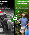 Comparison of Beast Cordless Stick Water Transfer Pump 21V with conventional pump, highlighting efficiency and portability.