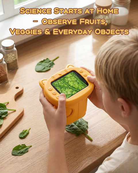 Super Cool 1000X Digital Microscope For Kids Handheld With 4K Display And 2MP Camera Portable Pocket Microscope STEM Educational Toy For Boys And Girls Ages 3 6 12 Yellow, child viewing a leaf close-up