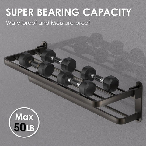 Bathroom Lavatory Towel Rack With Two Towel Bars And Shelf 24 Inch Folding Wall Mount Organizer In Modern Gray, holding weights