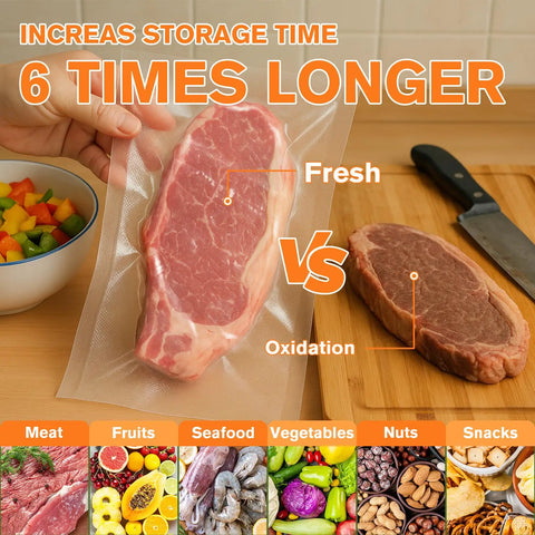 Pro Grade Precut Quart Vacuum Sealer Bags for Food, BPA Free 8 By 12 Inch demonstrating fresh vs. oxidation on steak