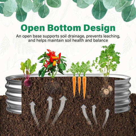 Diagram of Galvanized Raised Garden Bed Kit 4By2By1Ft Oval Planter Boxes For Outdoor Garden with open bottom design showing soil drainage